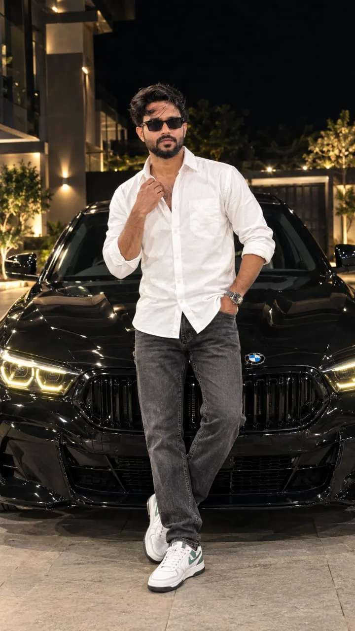 Create an ultra-realistic, high-quality 4K UHD full-body luxury fashion photograph of a stylish young Indian man standing confidently in