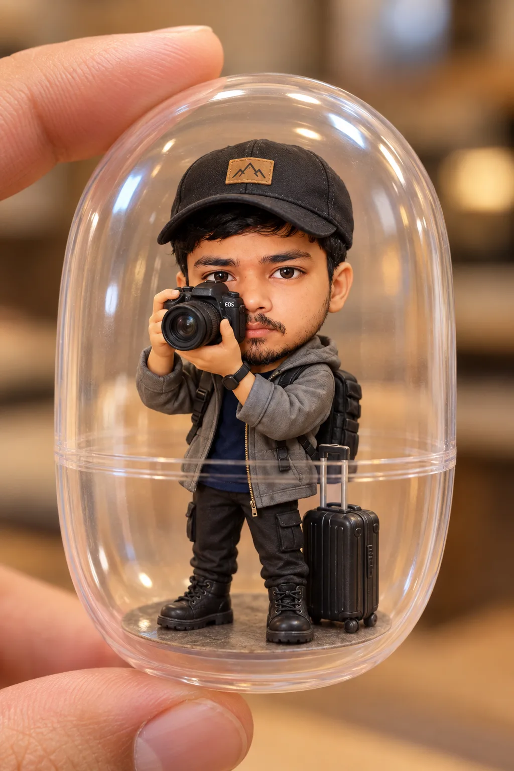 { "subject": { "type": "chibi figurine", "gender": "male", "expression": "focused", "pose": "holding a camera to face", "accessories":