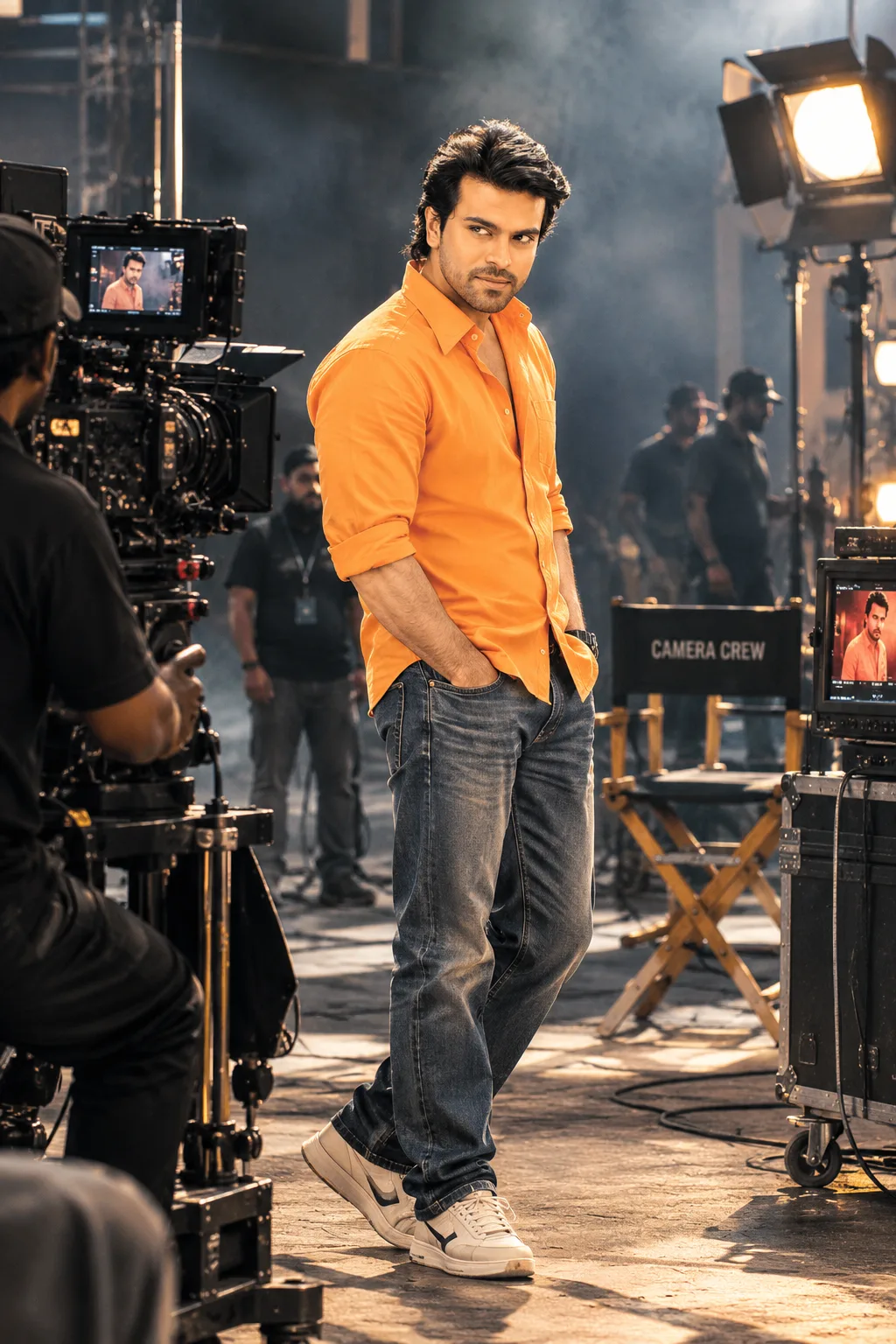 Create an ultra-realistic full-body cinematic portrait of a confident young South Asian male actor on a professional movie set.