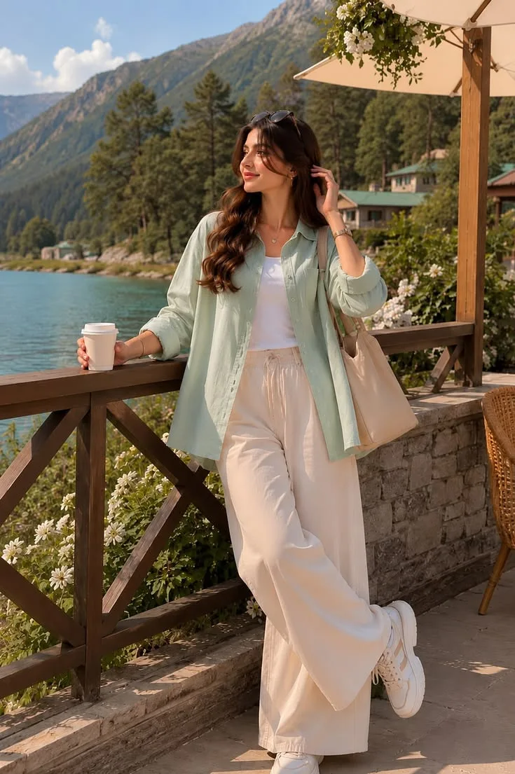 Create an ultra-realistic vertical 4:5 professional travel-fashion photograph of ME, a young Indian woman, standing on a beautiful wooden