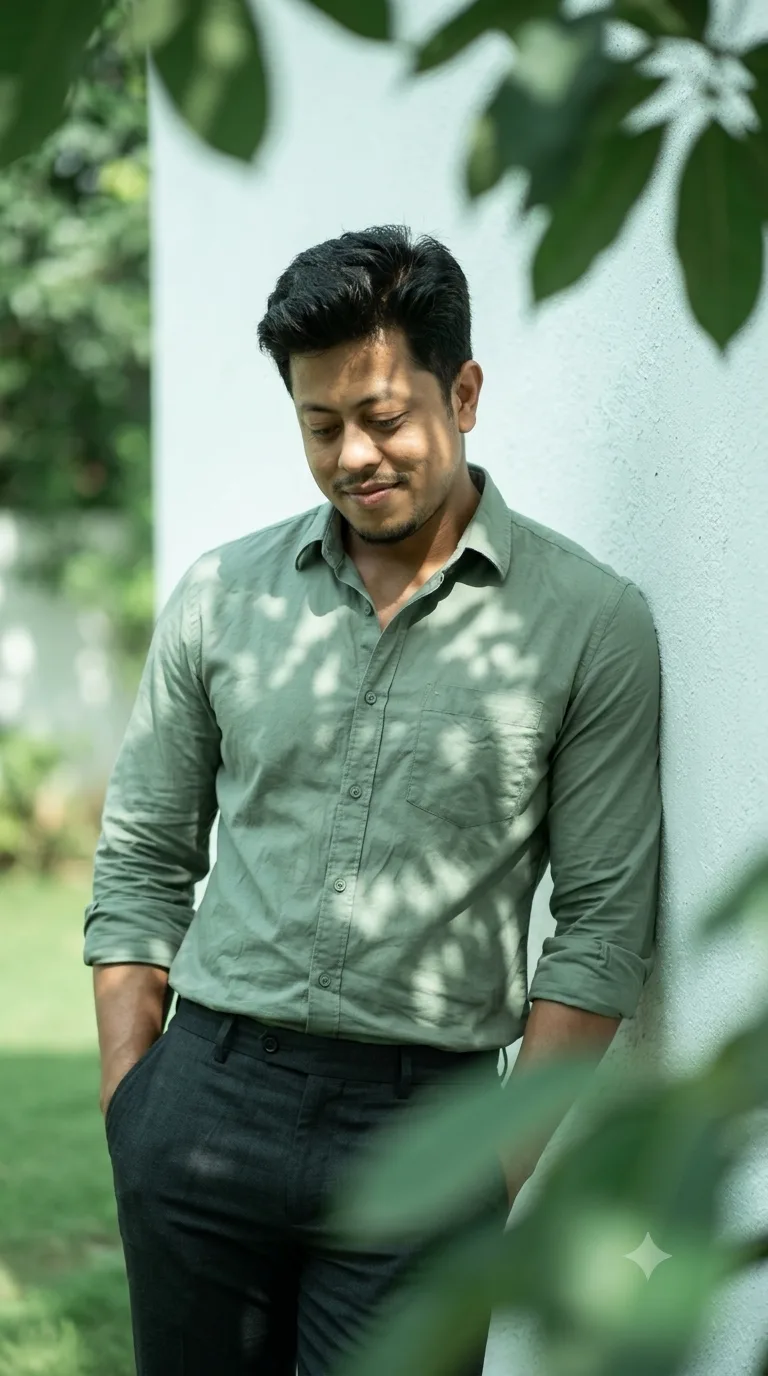 Create a cinematic outdoor portrait of a stylish young Indian man leaning against a white wall, wearing a sage green button-up shirt with