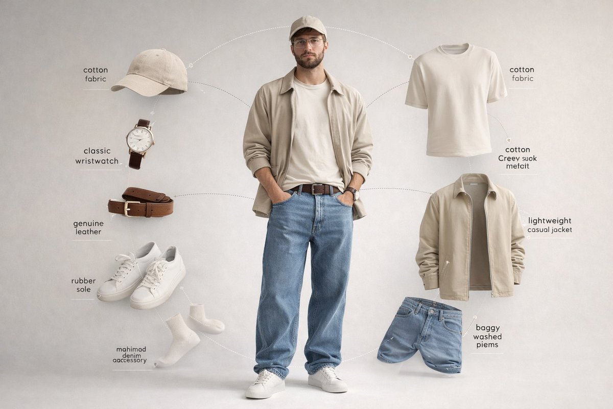 Ultra-realistic fashion infographic photography of a single male model, using the provided reference image only for facial features and