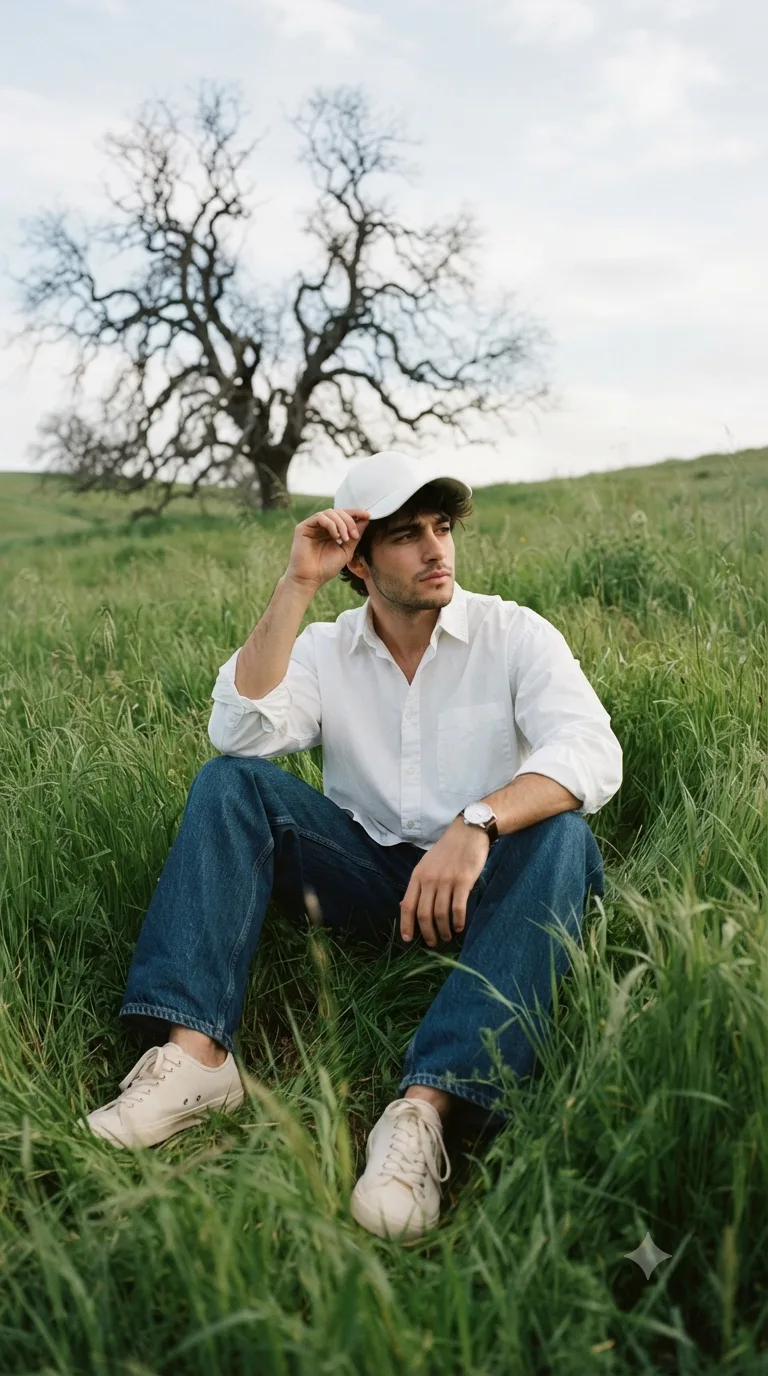 Photorealistic Nature Fashion Portrait Prompt A photorealistic cinematic vertical portrait of a stylish young man sitting casually in the