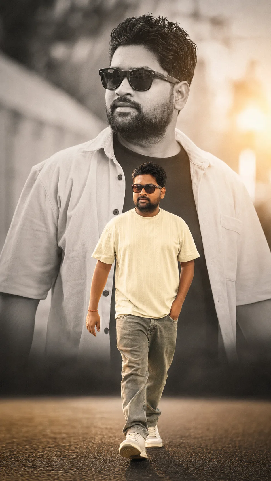 Cinematic double exposure poster of a stylish man with dark hair, a neat beard, and black sunglasses.