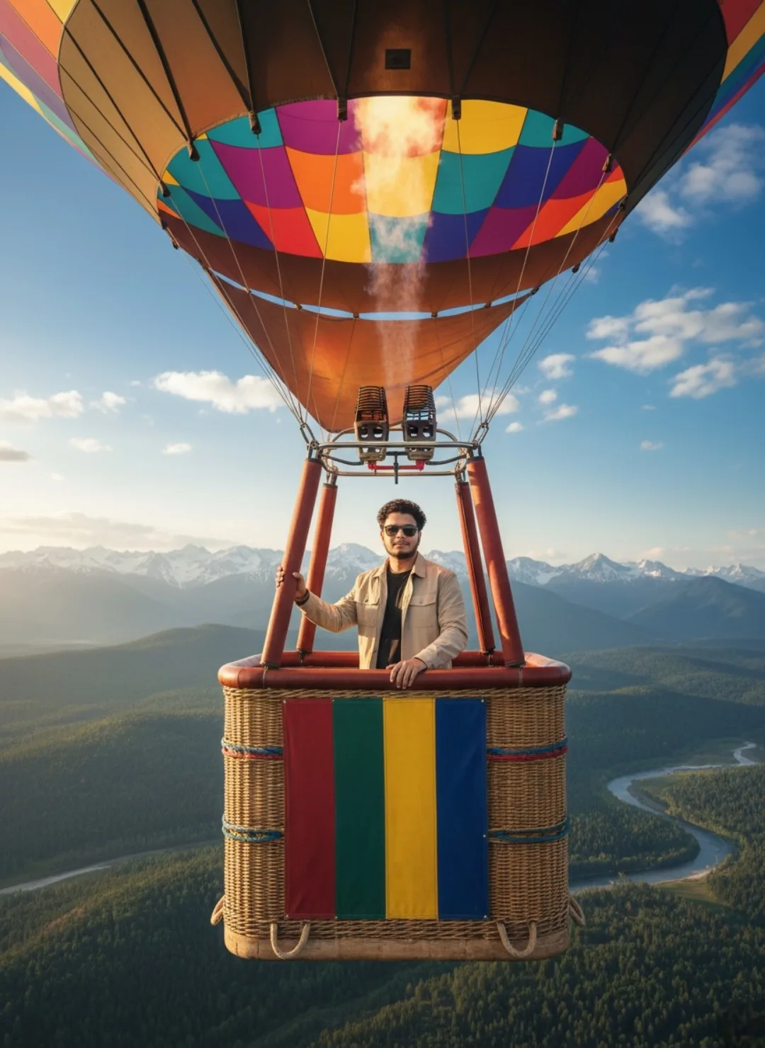 **Prompt:** A young man with curly dark hair, light beard, and sunglasses stands confidently in a woven wicker hot air balloon basket,