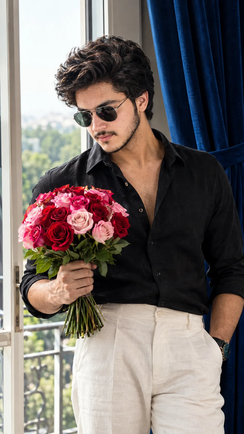 **Ultra-photorealistic cinematic vertical 9:16 luxury fashion portrait of a stylish young South Asian man standing gracefully beside a