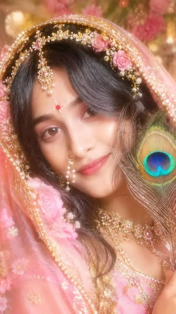 An ethereal close-up portrait of a beautiful young South Asian woman styled as a divine princess, Radha core aesthetic.