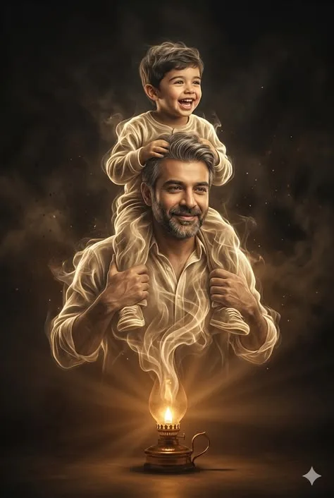 An absolute visual masterpiece, hyper-photorealistic and ultra-detailed vertical creative digital art portrait capturing a loving father