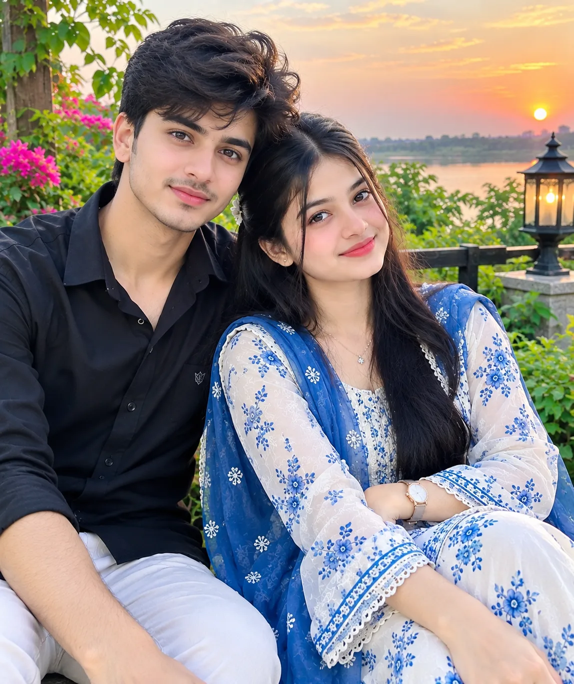 A beautiful young South Asian couple sitting together in a lush riverside garden during golden hour.