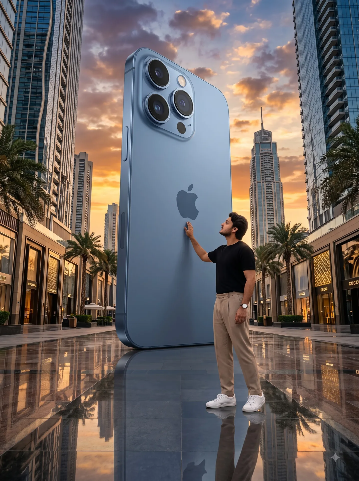 Create a hyper-realistic, cinematic scene of a stylish young man standing next to an absolutely gigantic blue iPhone in a modern city