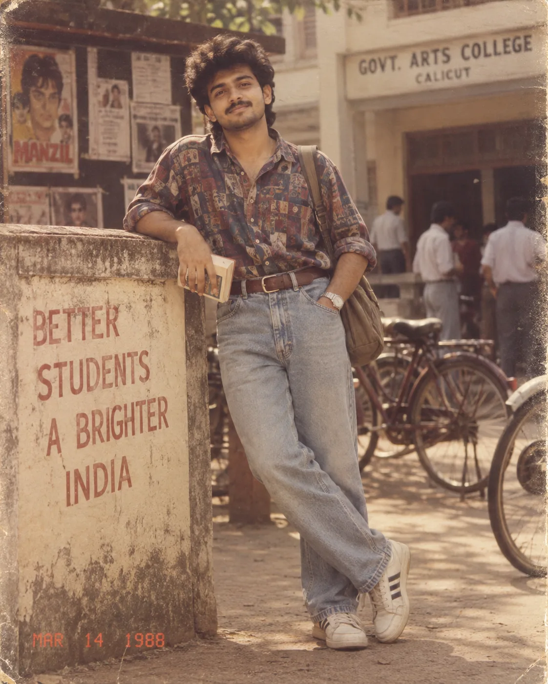 Use the uploaded photo and recreate the same person as if photographed in India in the late 1980s.
