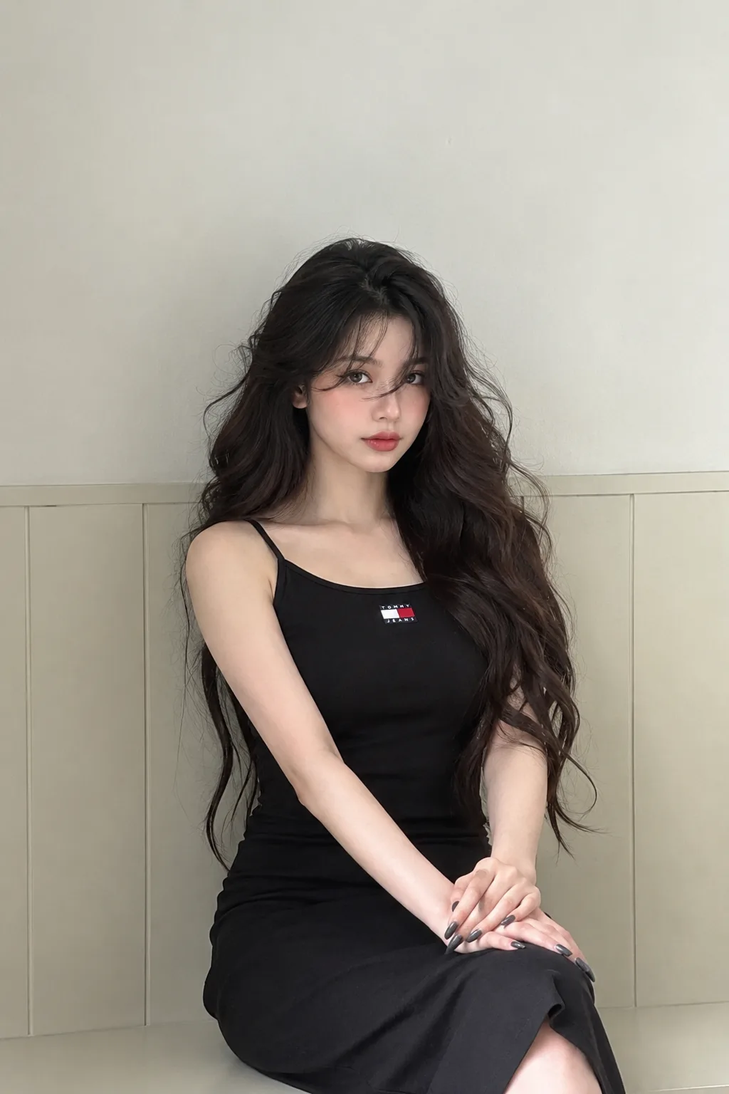 Ultra-realistic high-resolution portrait of a young woman seated indoors in a minimalist room, wearing a simple elegant black sleeveless