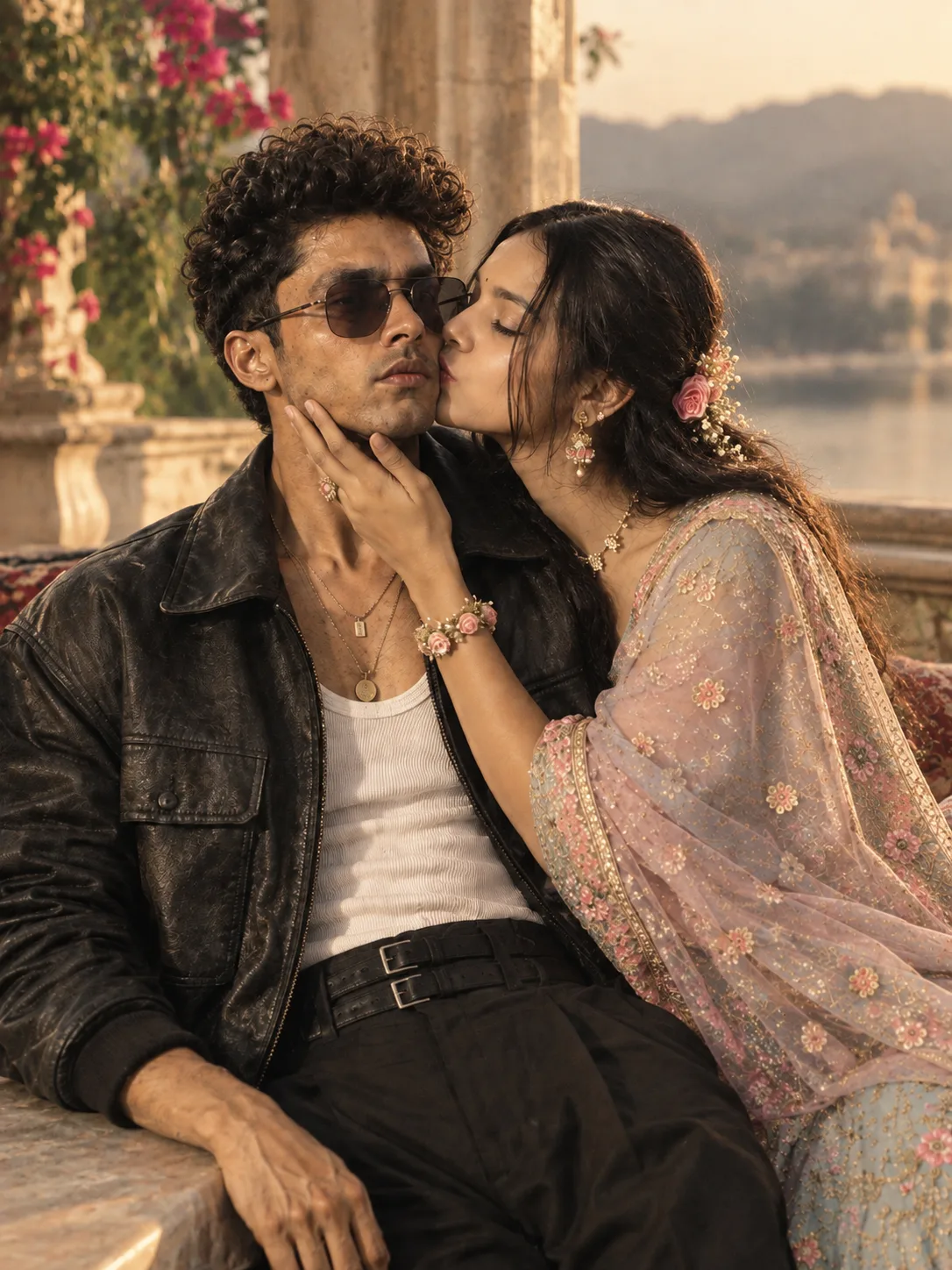 Ultra-realistic cinematic romantic couple portrait, vertical 4:5 composition, high-end luxury fashion editorial photography.