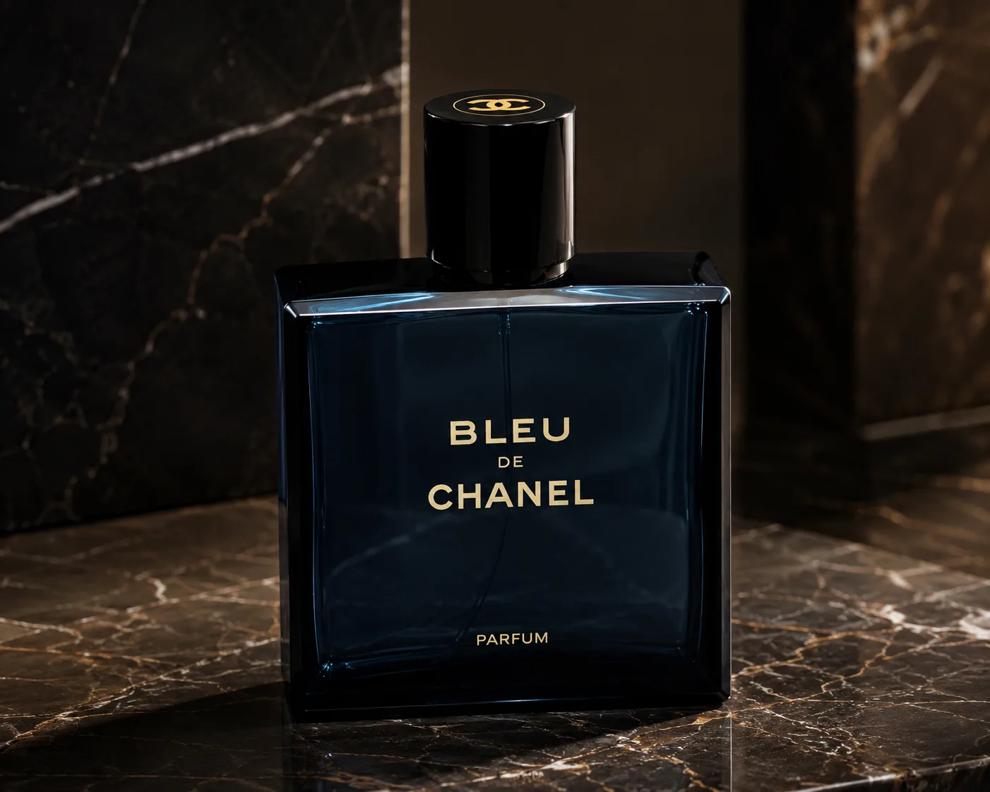Commercial studio product photography of a luxury perfume bottle placed on a dark marble surface with natural shadows and soft moody