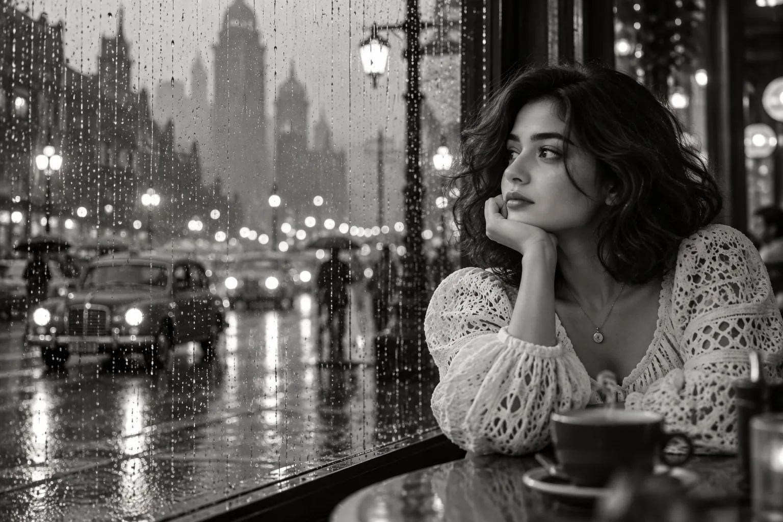 Black and white cinematic photograph, a young woman with wavy shoulder-length dark bob hair sitting near a rain-streaked café window, chin