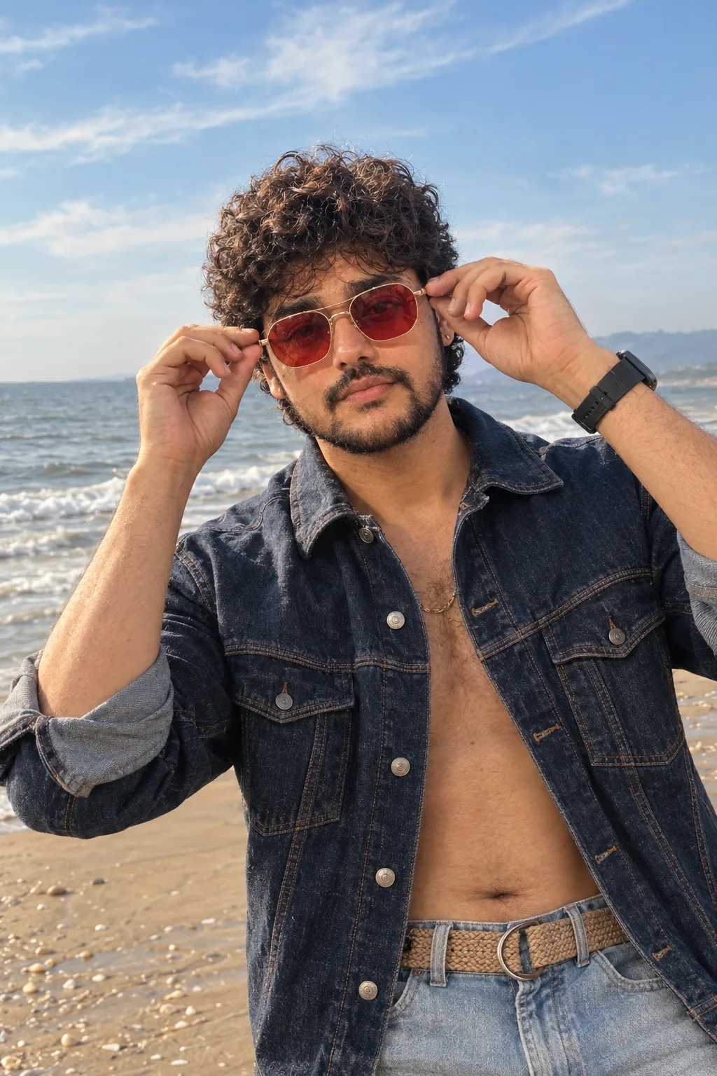"A stylish fashion portrait of a young man with short, dark curly hair styled in a textured, tousled crop with faded sides.