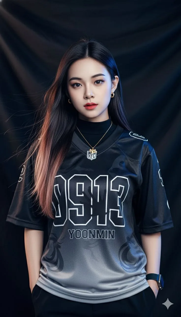 A cinematic studio portrait of a beautiful young East Asian woman with long, sleek dark hair featuring subtle pink highlights at the tips.