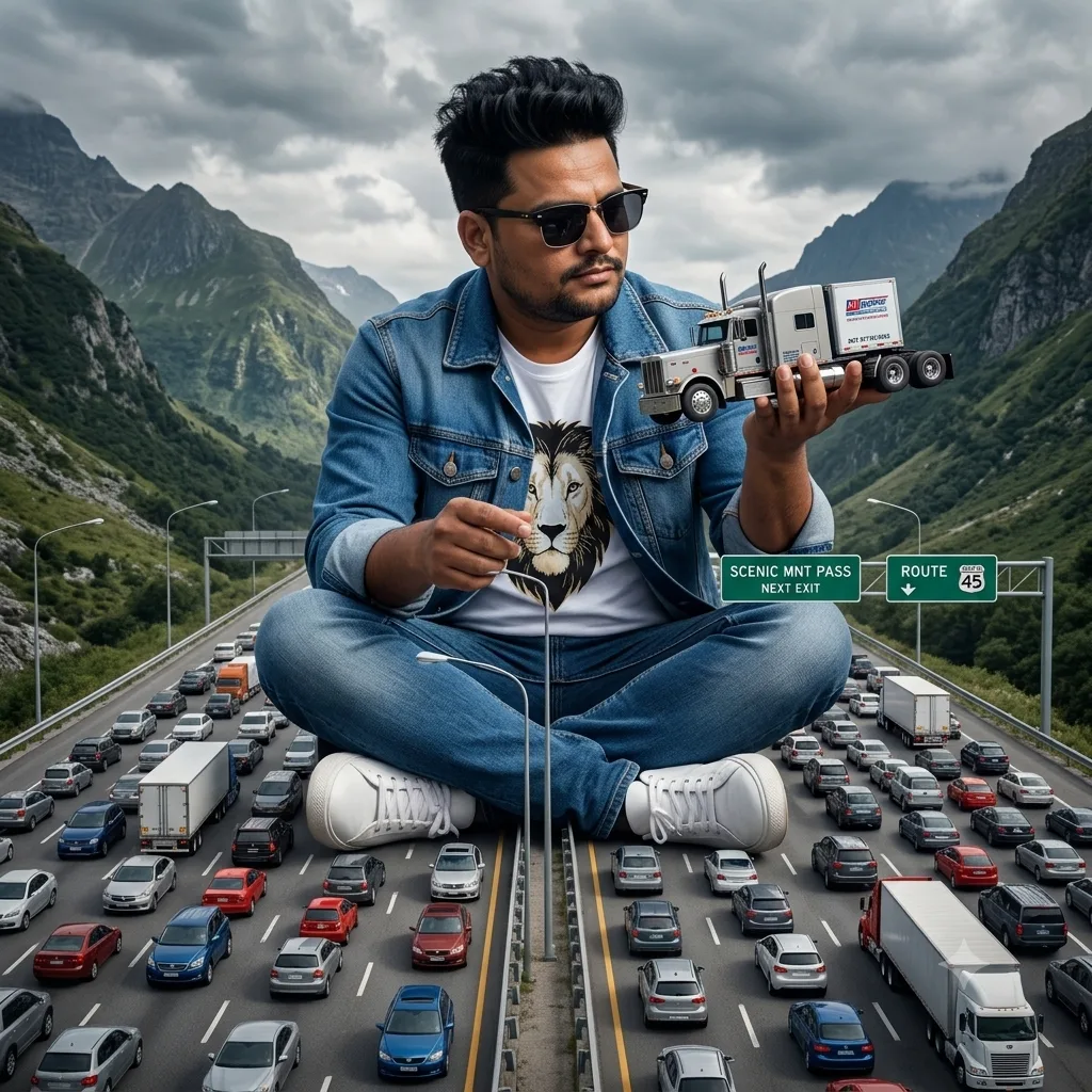 An epic cinematic eye-level shot taken from an overpass bridge, showing a person acting as a massive giant sitting cross-legged directly in