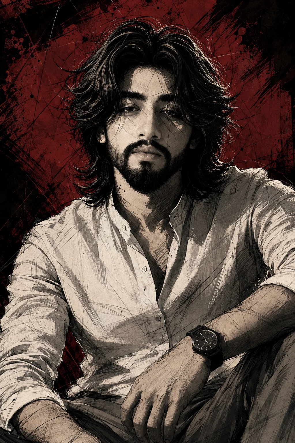 A striking dark anime-inspired ink illustration of a handsome young adult man shown in an extreme close-up, three-quarter portrait.