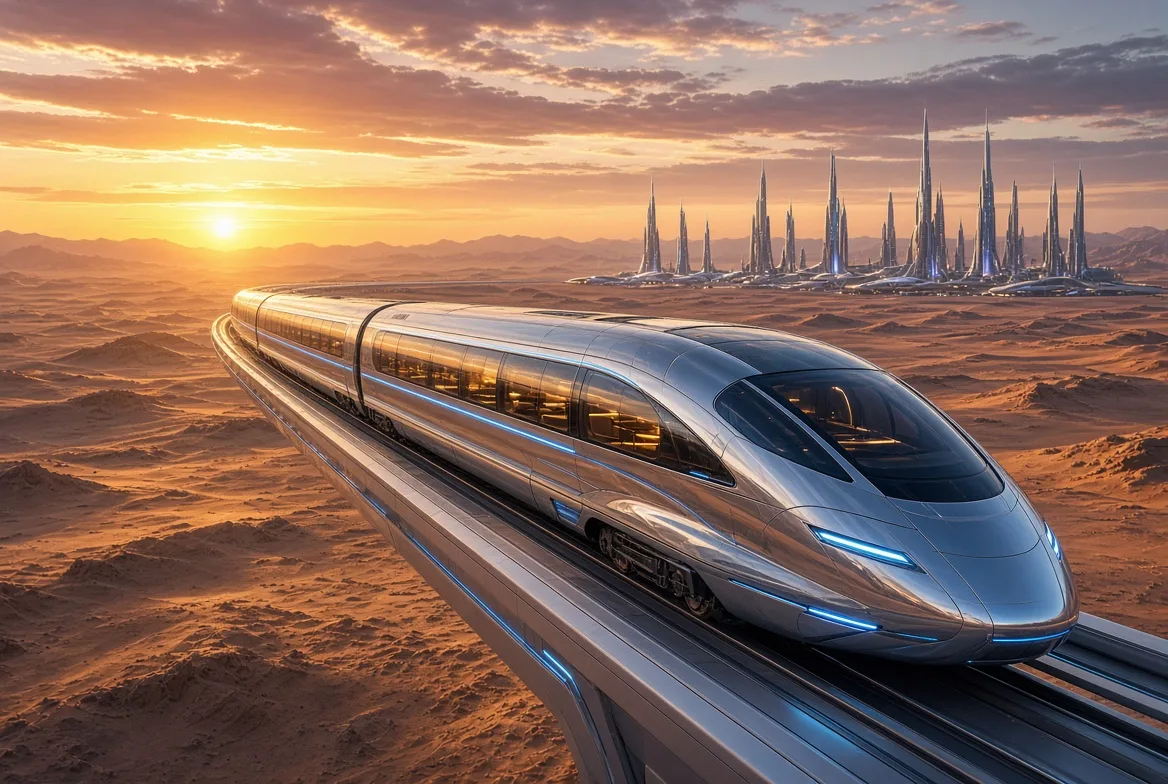 A breathtaking futuristic luxury train traveling through a vast futuristic desert at sunset, sleek polished metallic exterior, enormous
