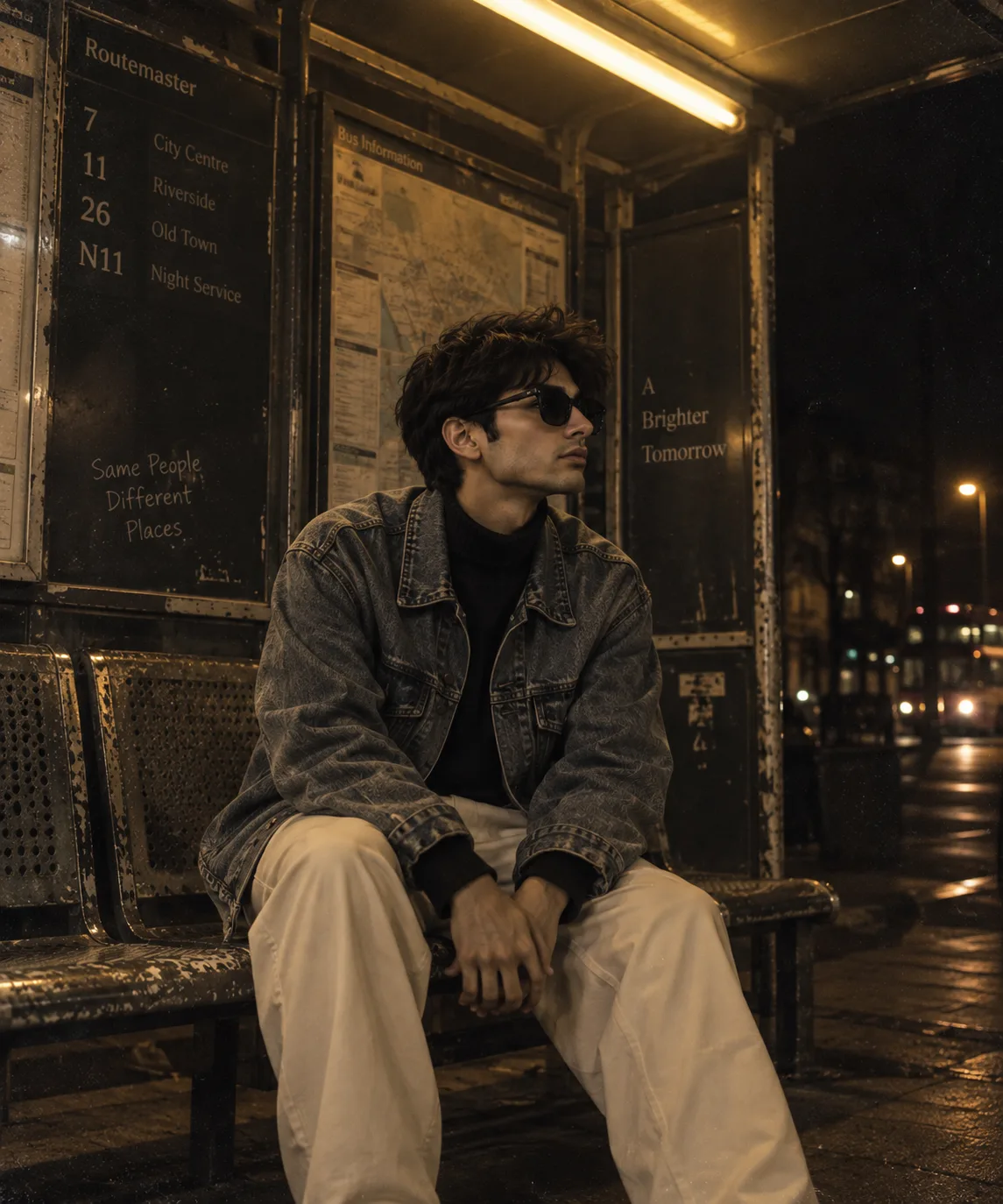 Convert into a young man with the same face, seated casually at an old metal bus stop at night.