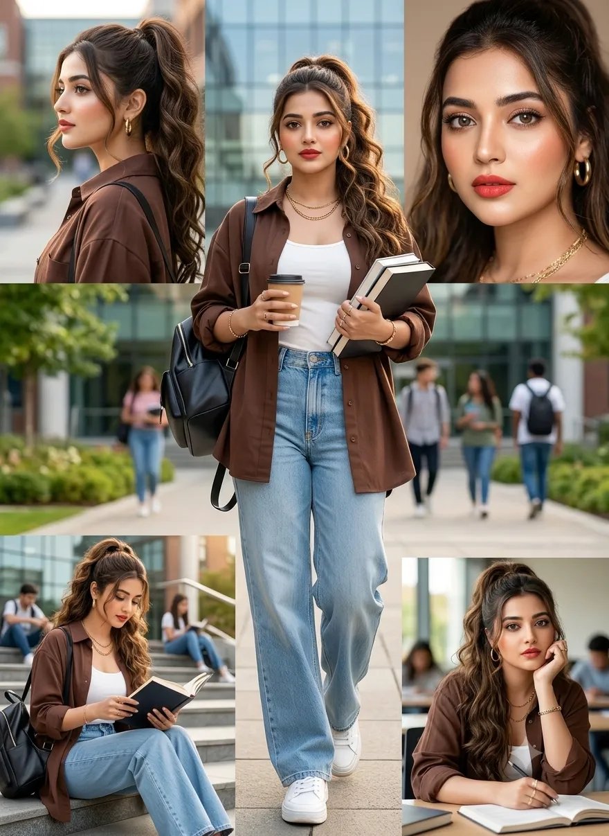 Ultra-realistic cinematic college fashion collage portrait of a beautiful young woman, featured in a luxurious Vogue-style multi-image