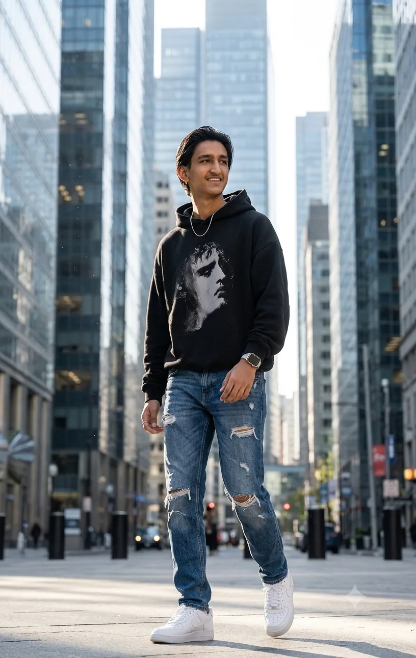 A hyper-realistic 8k cinematic photo of a handsome 22-year-old boy walking through a modern city street, wearing a black oversized graphic