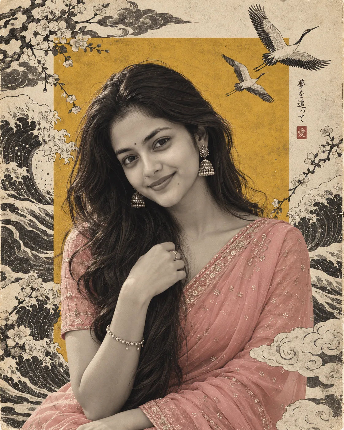 Create an ultra-realistic editorial portrait of a graceful young South Asian woman in a pink saree, likely a lightweight chiffon/georgette