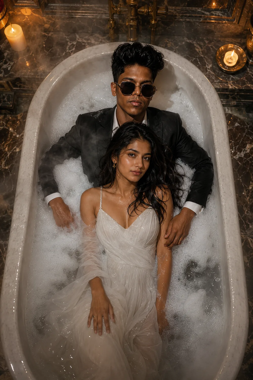 A hyper-realistic, cinematic top-down shot of a couple relaxing in a luxurious vintage bathtub filled with thick white foam.