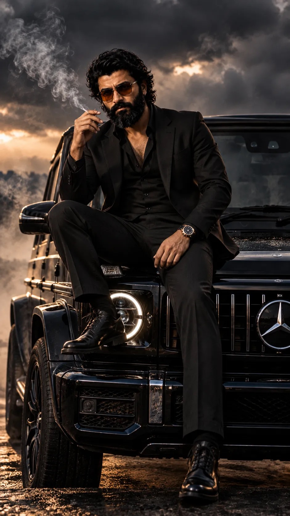 Ultra-realistic cinematic full-body portrait of the same man from the uploaded reference image, preserving his exact facial identity,