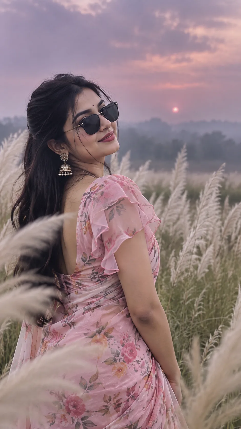 A side portrait of a young Indian woman in a pink floral saree with ruffled sleeves, wearing stylish dark sunglasses, looking back over her