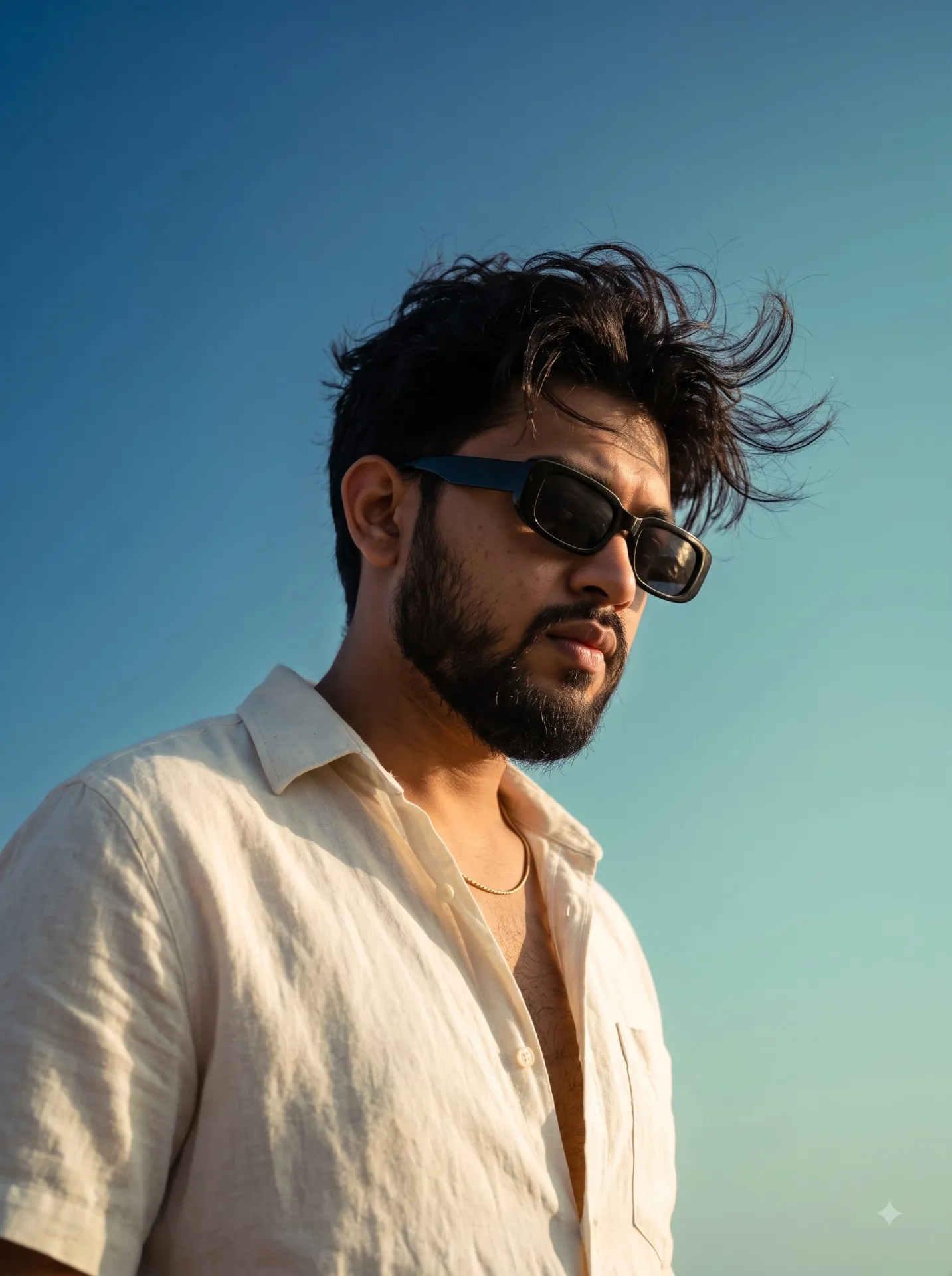 Cinematic low-angle portrait of a young man with messy, wind-swept dark hair and a beard, wearing black rectangular sunglasses, looking
