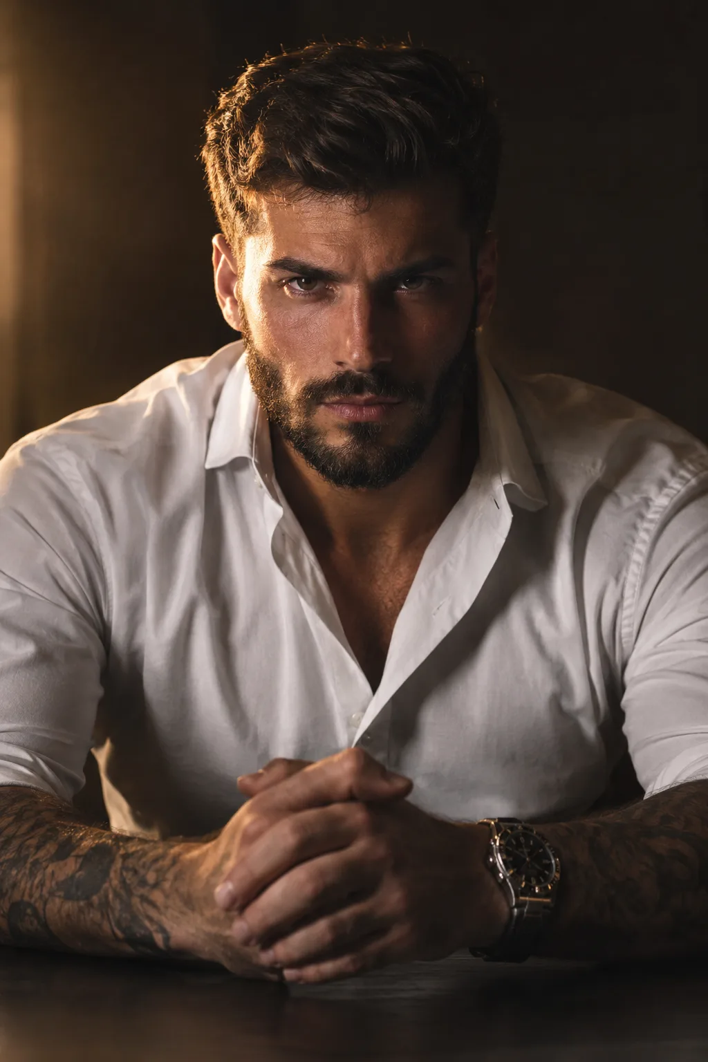 Create a cinematic, ultra-realistic studio portrait of the same man, preserving his facial identity, facial structure, hairstyle, beard,
