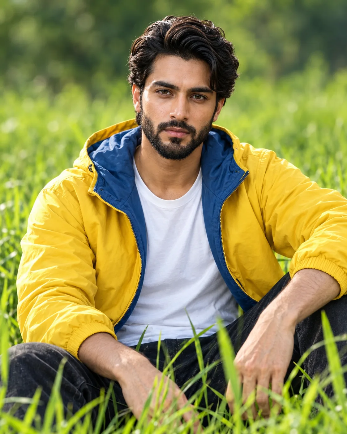Turn this uploaded image into A realistic portrait of the man from the reference photo sitting grounded amidst lush, bright green tall