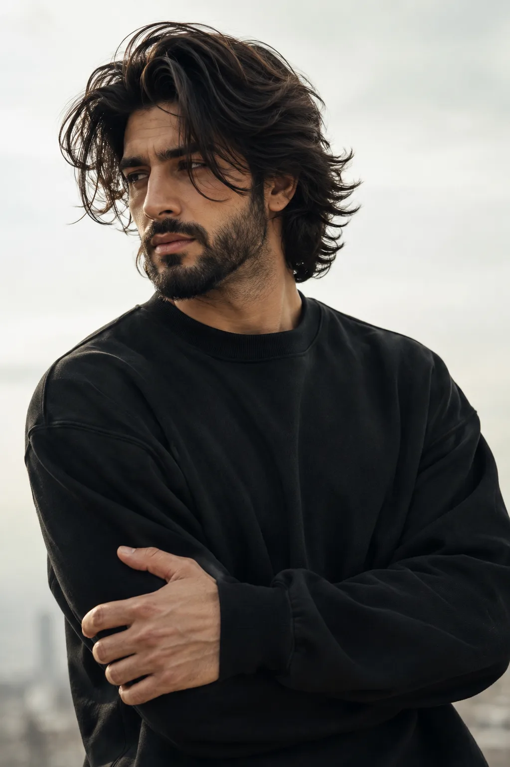A highly cinematic, photorealistic close-up fashion portrait of a ruggedly handsome young adult man with medium-to-long, thick, naturally