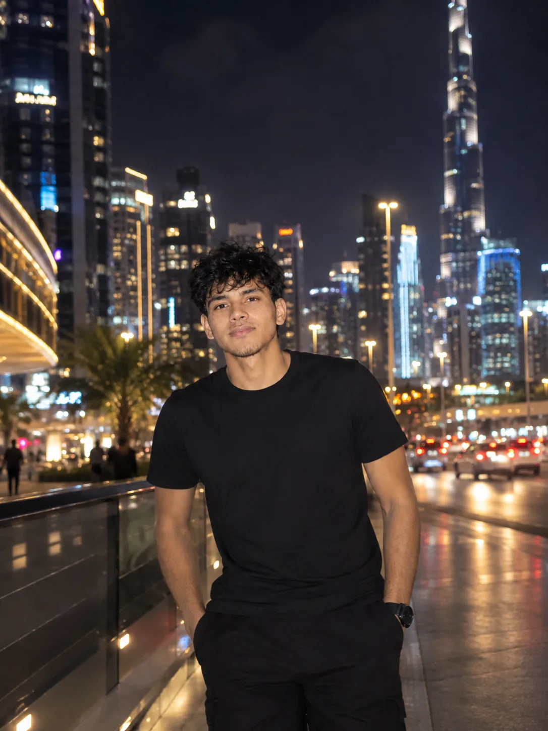 Handsome young man standing on a city street at night, surrounded by glowing city lights and colorful bokeh, modern urban background,