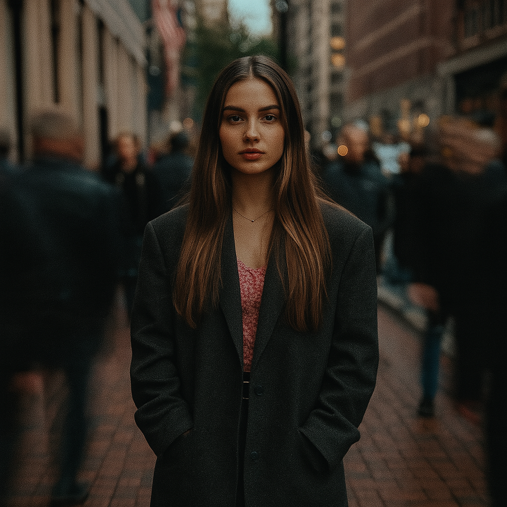 Cinematic overhead shot of me standing still a brick city sidesalk, wearing a dark oversized blazer, motion-blurred crowd rushes past