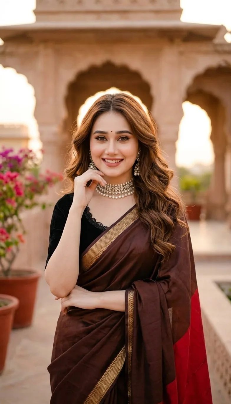 **Prompt:** A stunning portrait of a beautiful South Asian woman with long, wavy brown hair, wearing a traditional brown silk saree with a