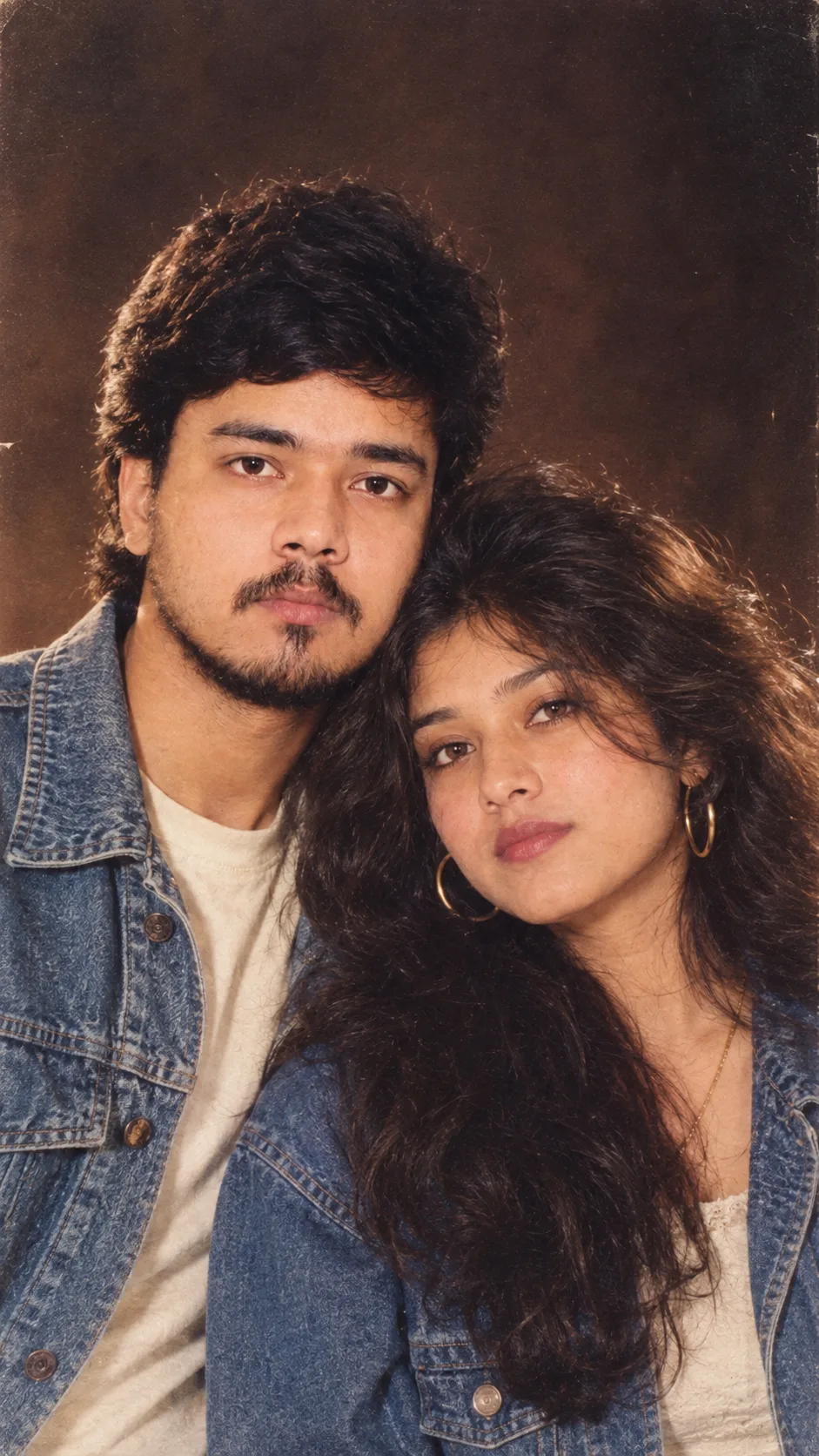 Create a breathtaking ultra-photorealistic 9:16 vertical vintage 1990s Indian couple portrait using the uploaded couple photograph as the