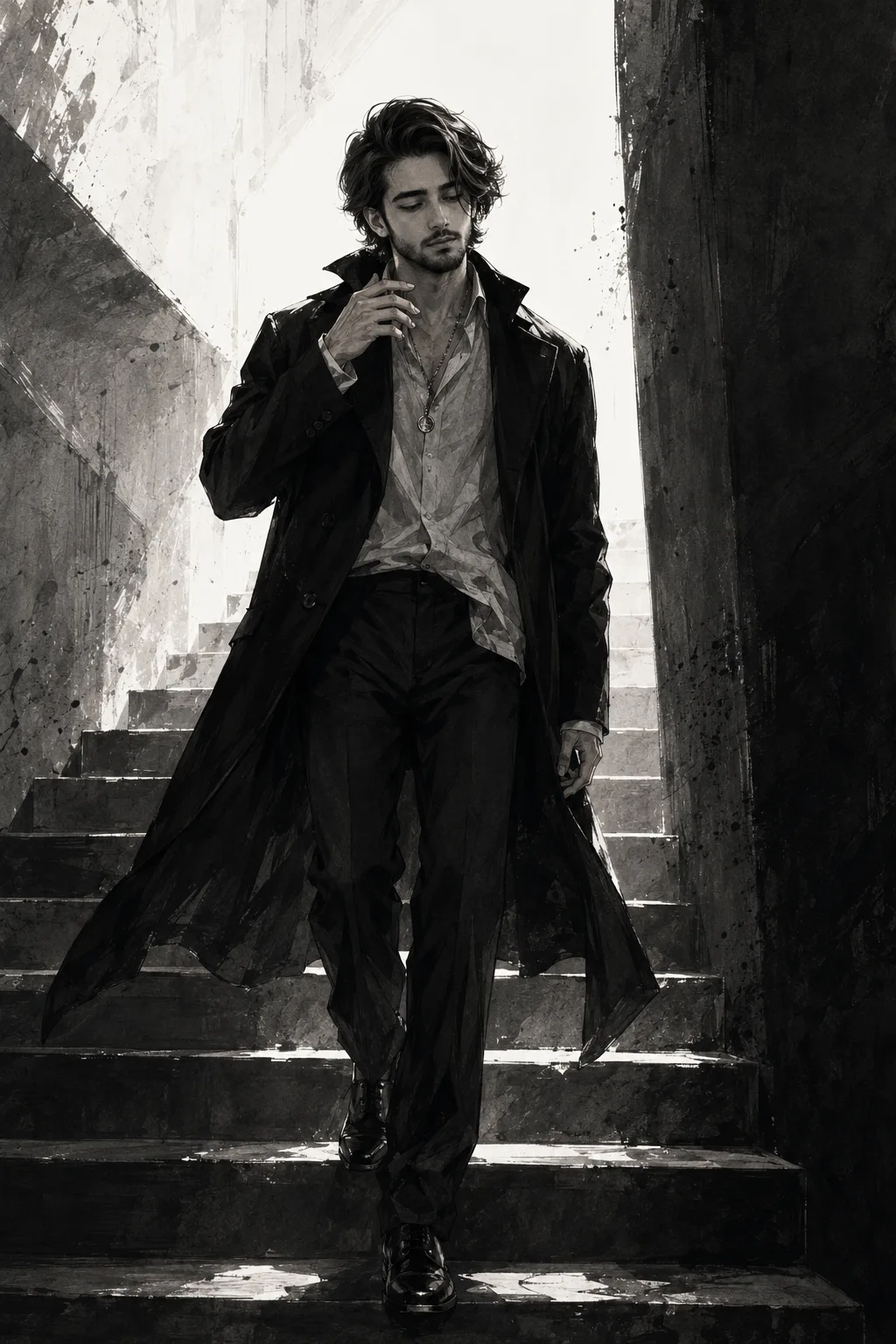 A highly cinematic, **monochromatic anime-inspired fashion illustration** of a handsome young adult man descending a dramatic concrete