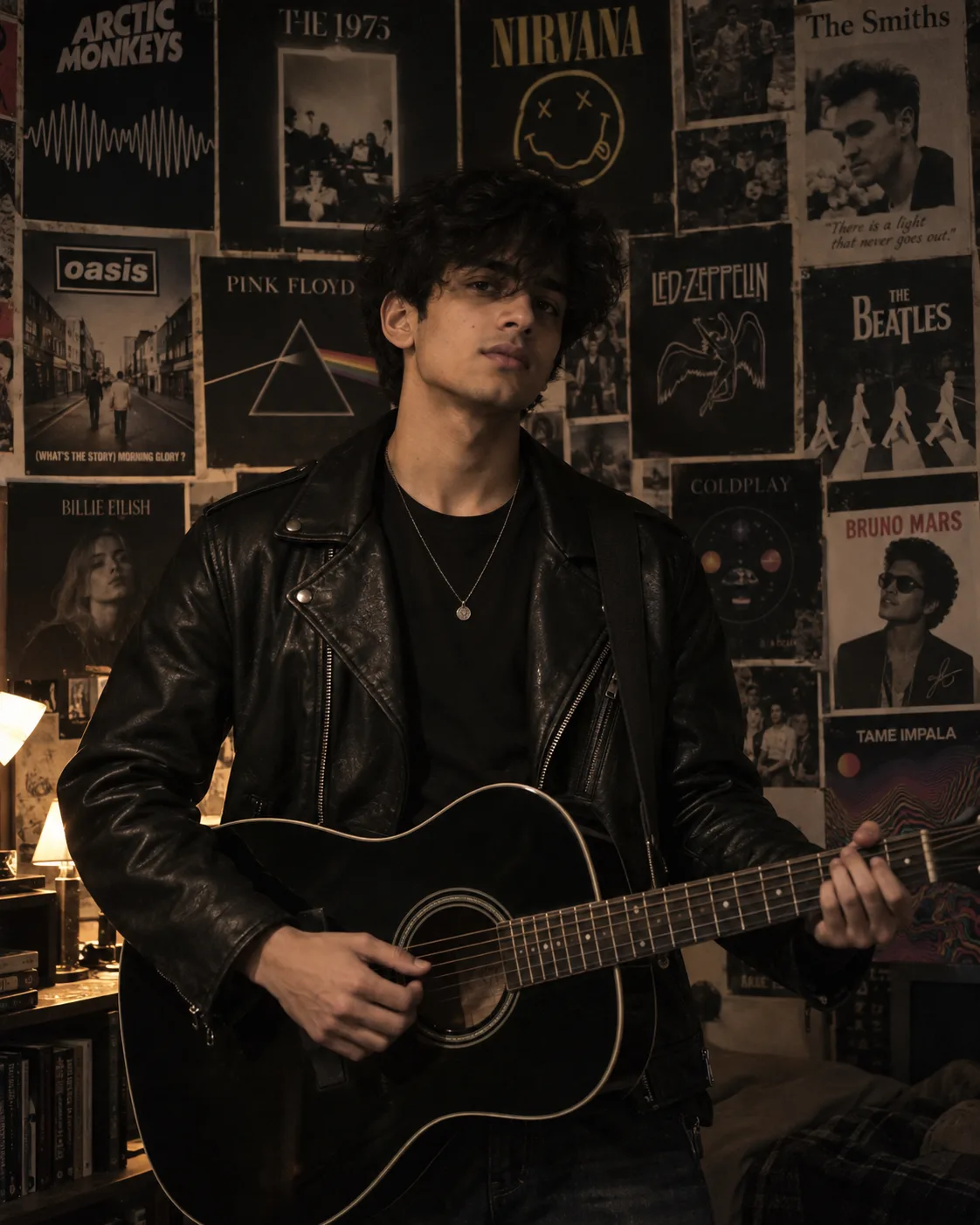 Ultra-realistic cinematic portrait of a young South Asian man standing indoors in front of a wall completely covered with vintage music