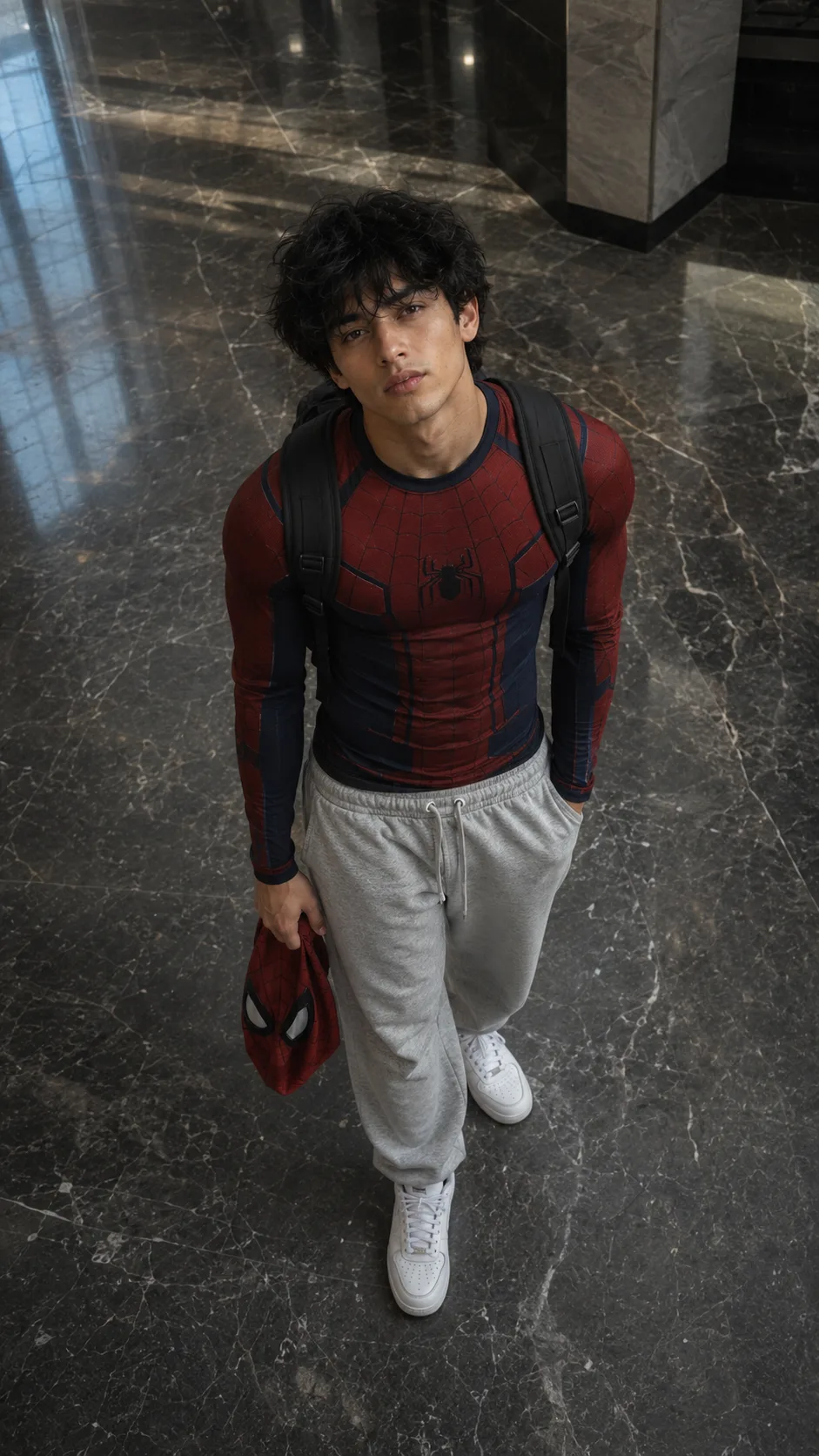 Visual Style: Ultra-realistic fashion photography × candid smartphone portrait × superhero-inspired streetwear × architectural photography