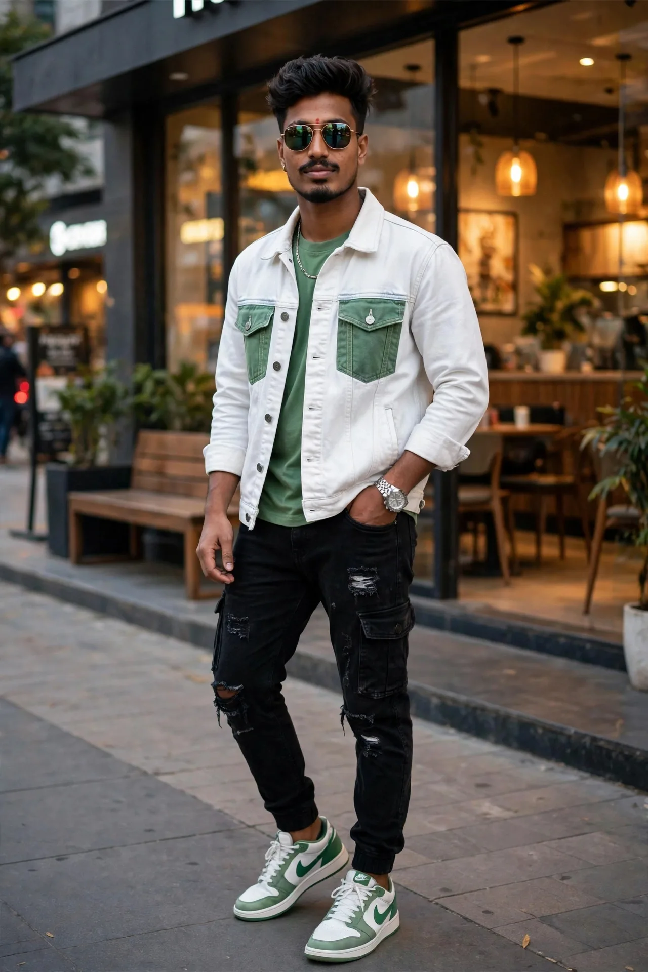 A stylish Indian man with quiff hairstyle, aviator sunglasses, wearing white denim jacket with green pockets over green t-shirt, black
