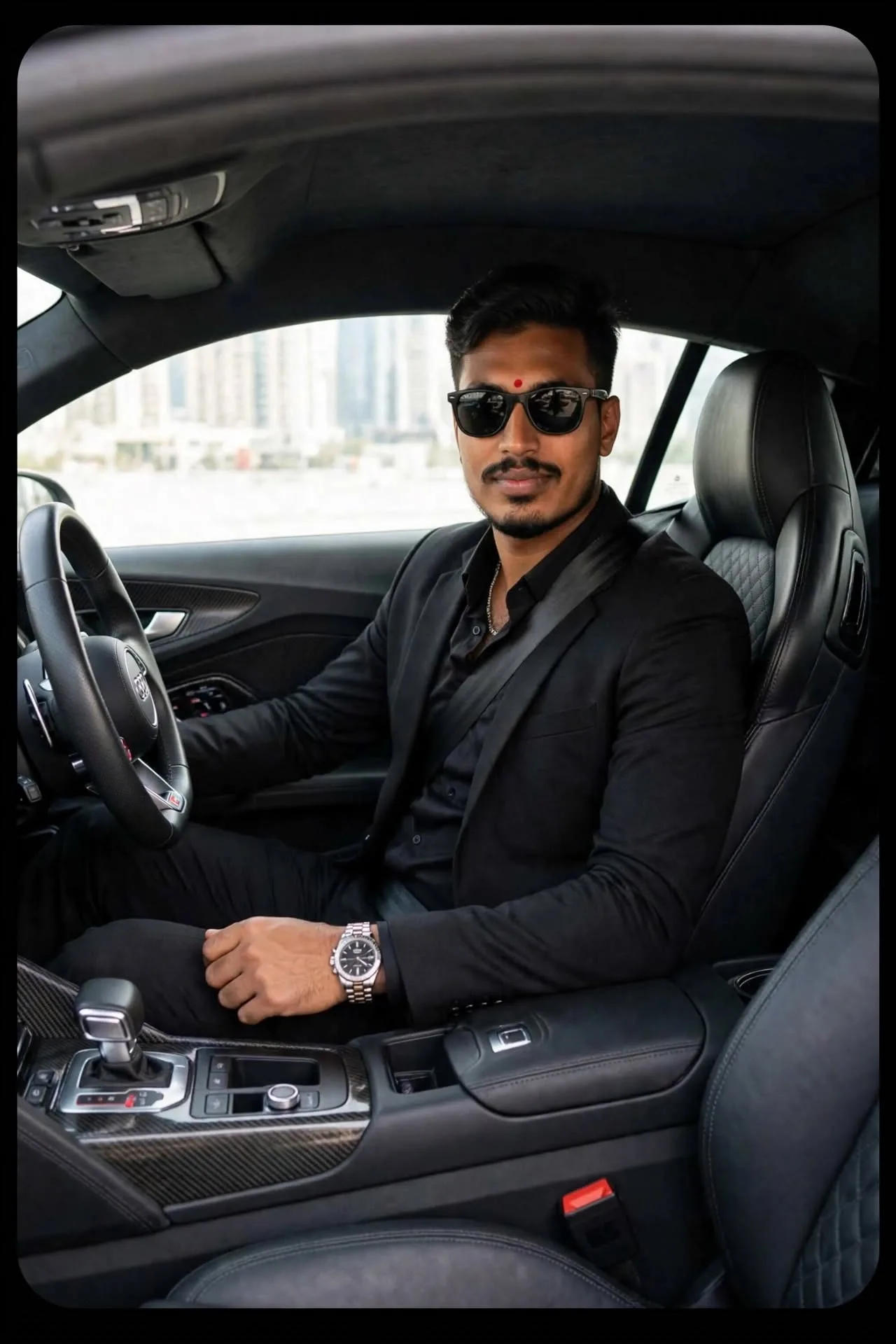 Create a cinematic ultra-realistic portrait of the same man from the reference photo, keep his face, hairstyle and mustache 100% identical.