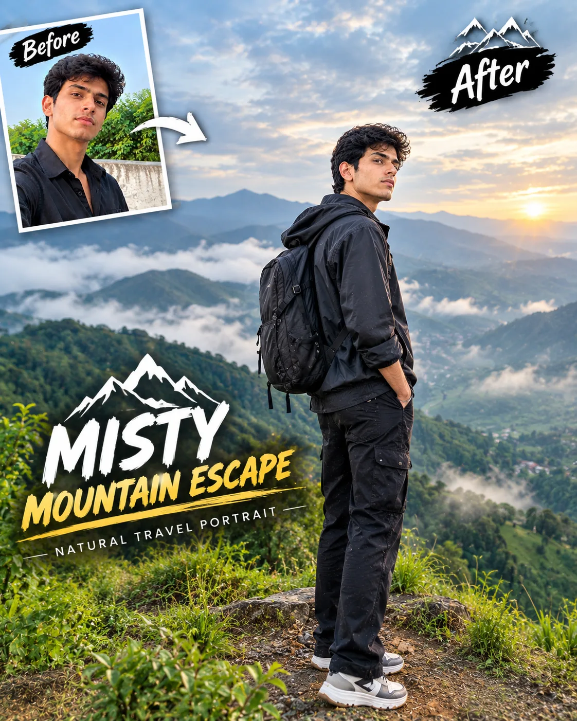 Transform the uploaded photo into an ultra-realistic natural mountain travel photograph.