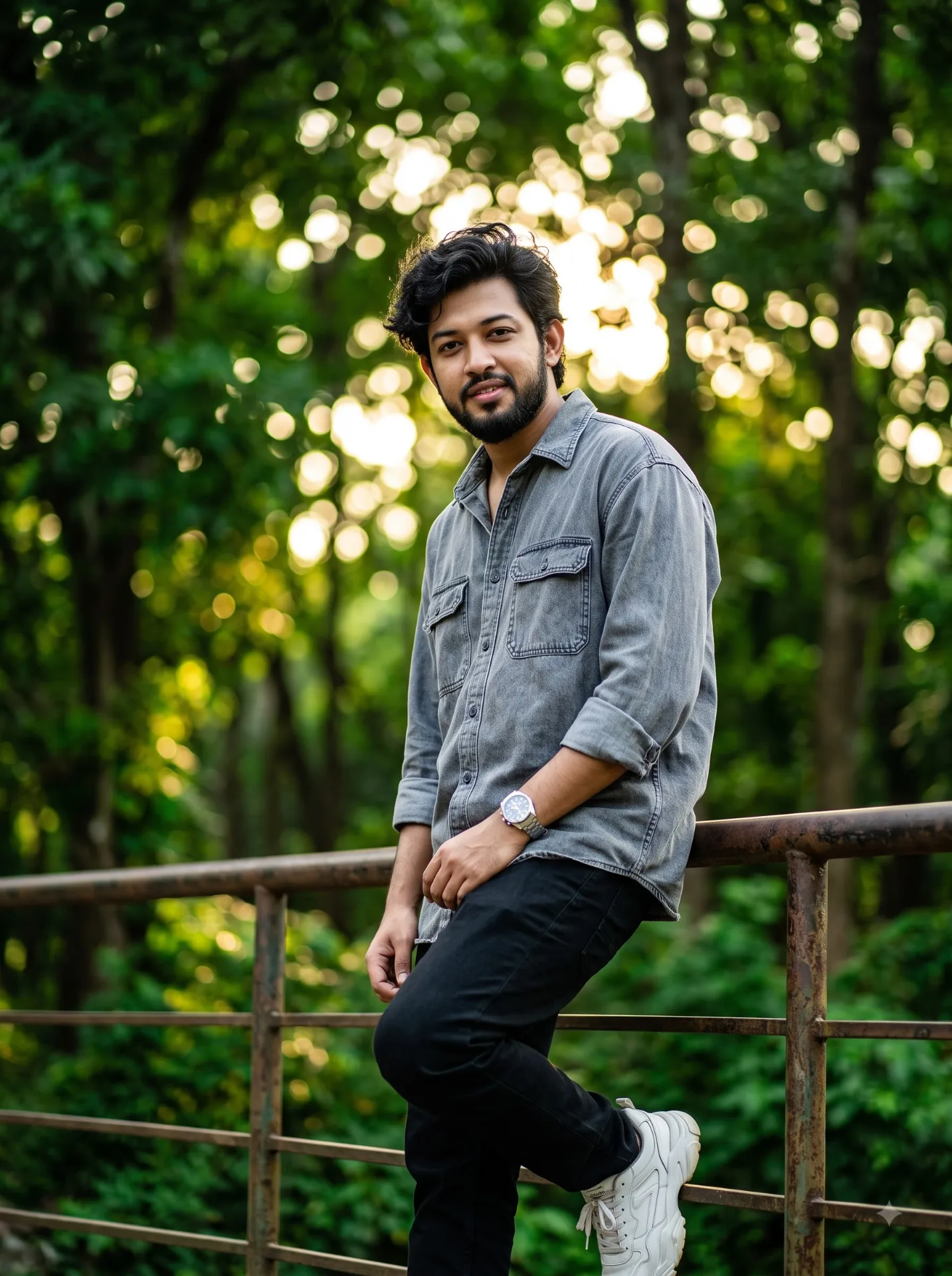Cinematic 8k ultra-realistic portrait of a indian young man with messy wavy textured black hair and a soft beard.