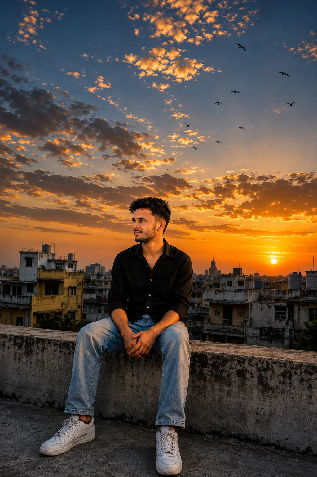 Ultra-realistic cinematic full-body photograph of a stylish young South Asian man sitting casually on the edge of a weathered concrete