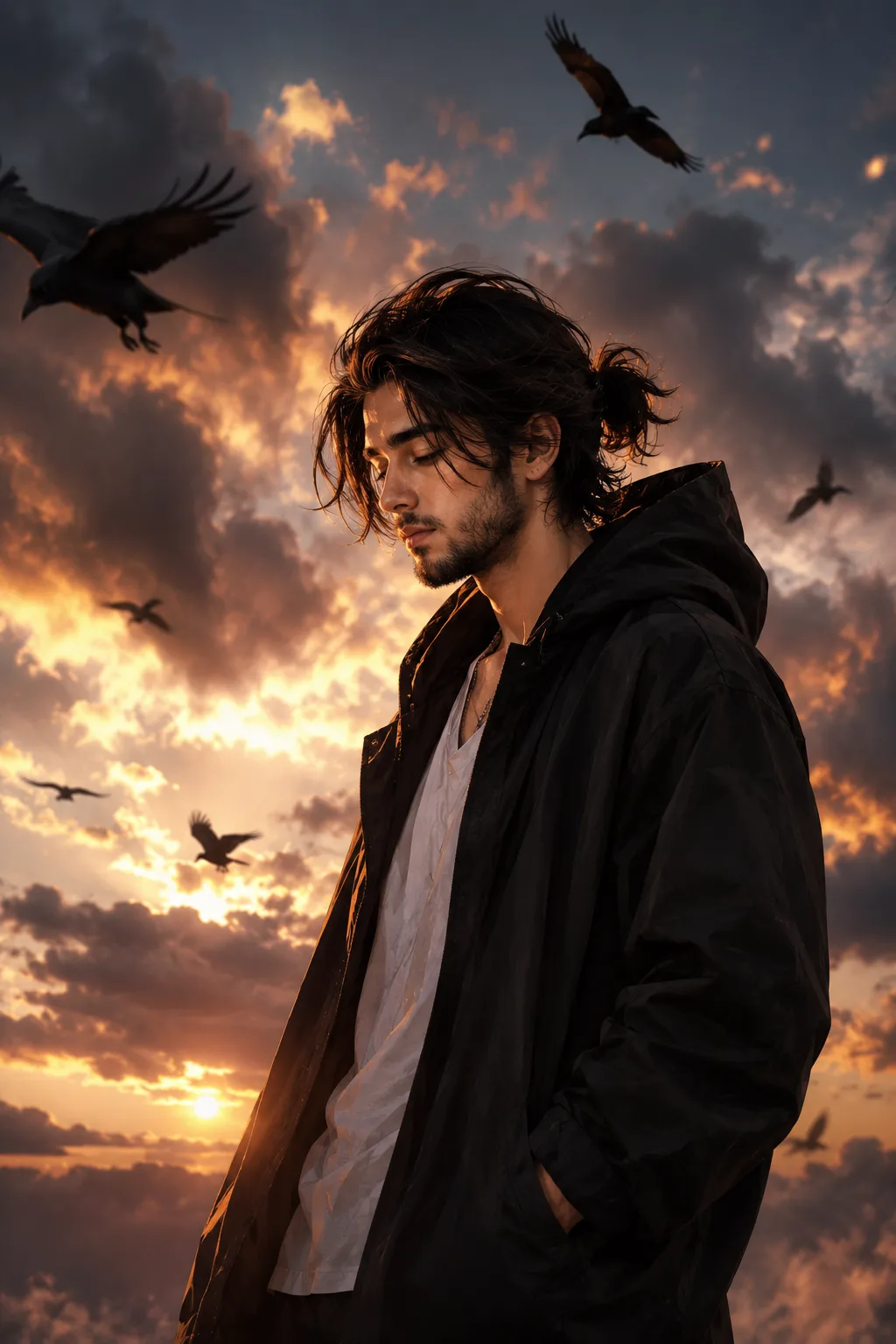 A highly cinematic, **photorealistic digital portrait of a handsome young adult man** standing in side profile against a dramatic sunset
