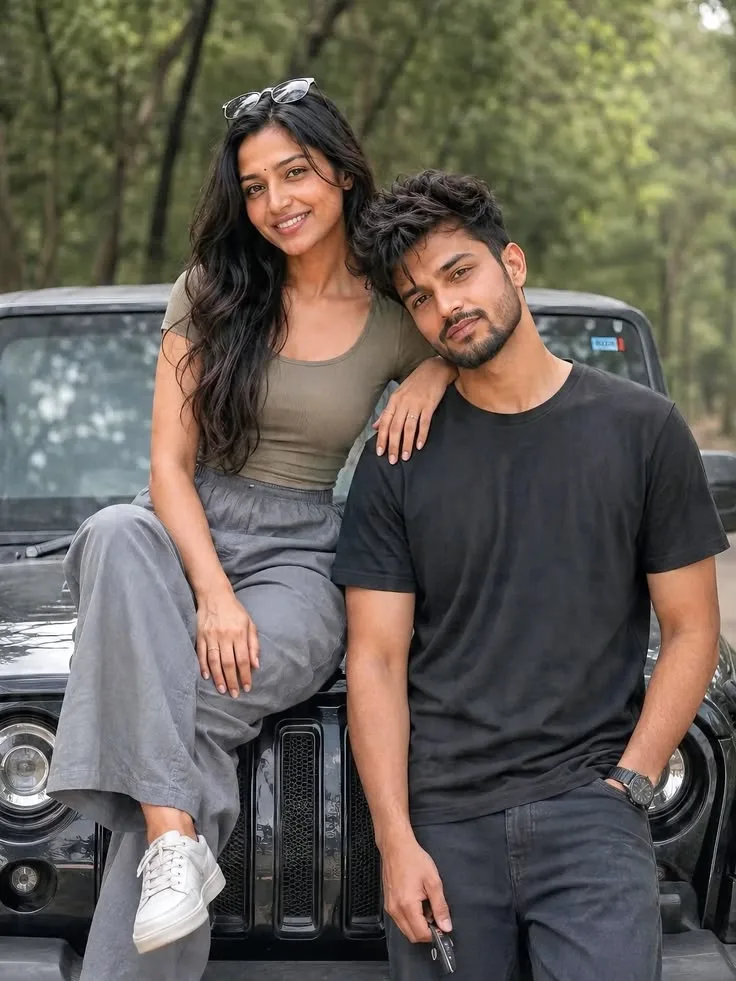 Candid Outdoor Road-Trip Portrait of Indian Couple Leaning on Black SUV