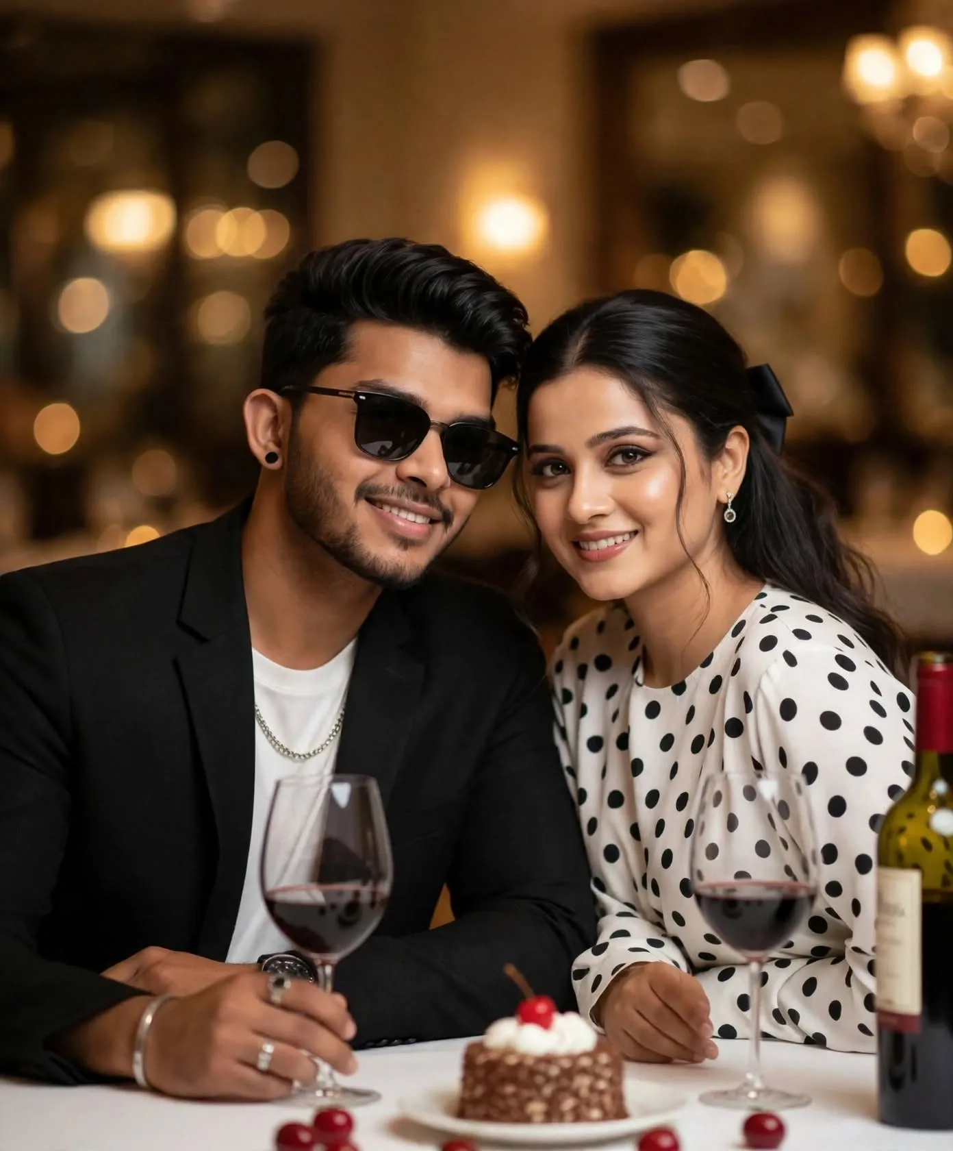 Cinematic romantic portrait of a young Indian couple on a dinner date in a luxury restaurant, man in black blazer with white t-shirt and